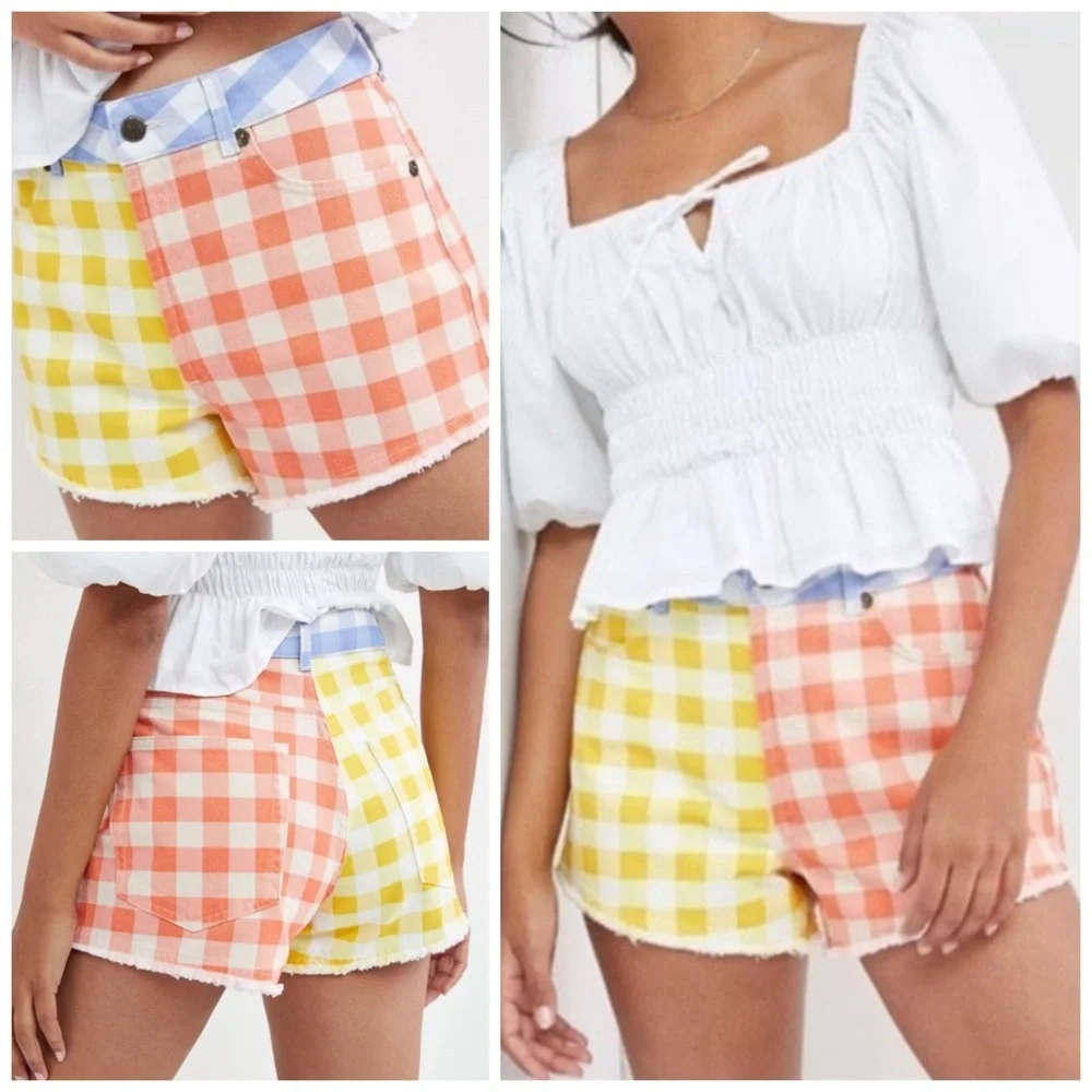 FARM Rio x Anthropologie High Rise Gingham Plaid Cutoff Denim Shorts NWT
